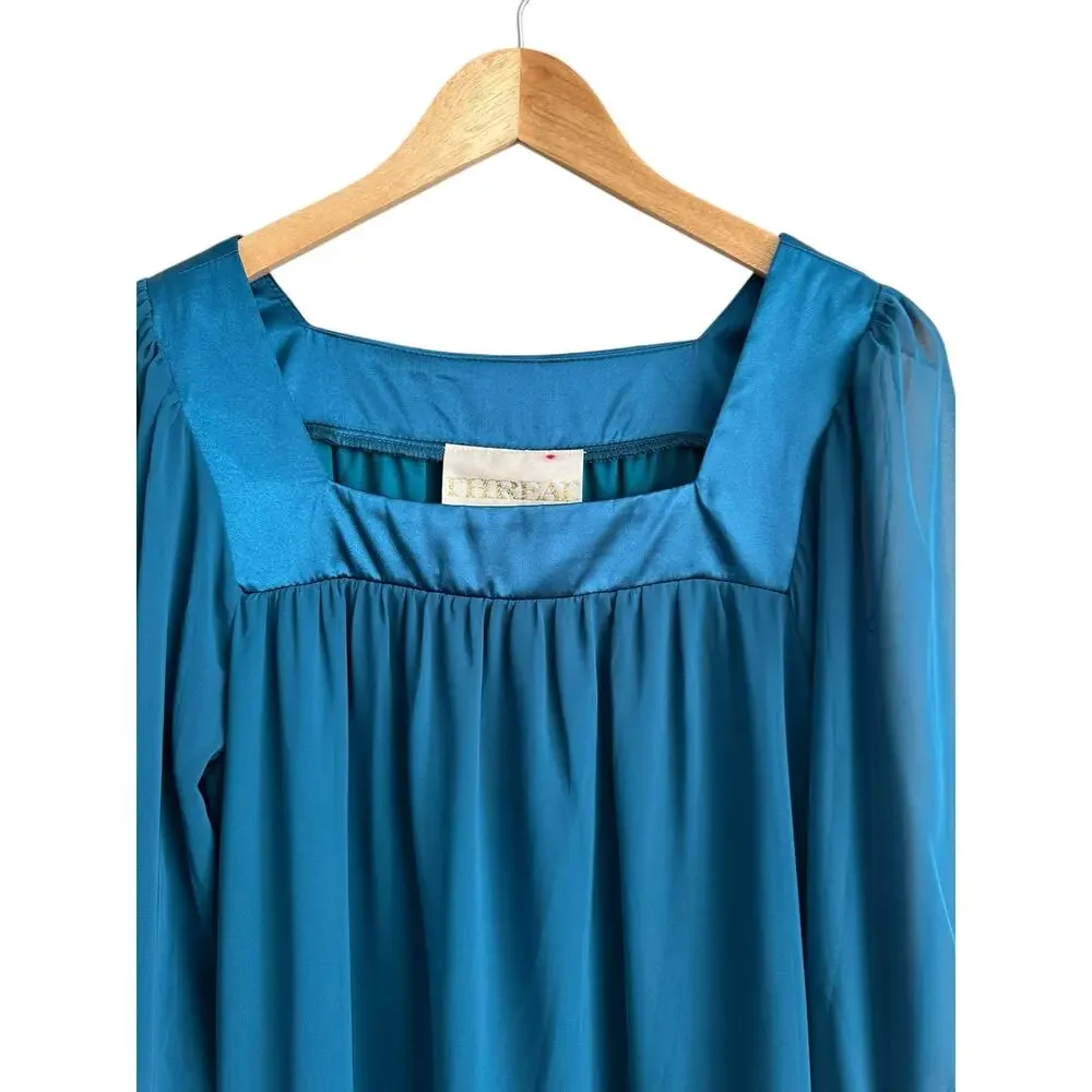 NEW Thread Social Teal Green Square Neck Knee Length Long Sheer Sleeve Dress 12